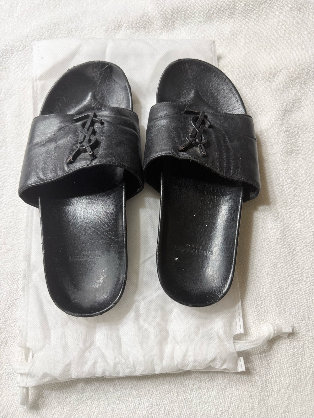 Saint Laurent Black Leather YSL Monogram Slide Sandals